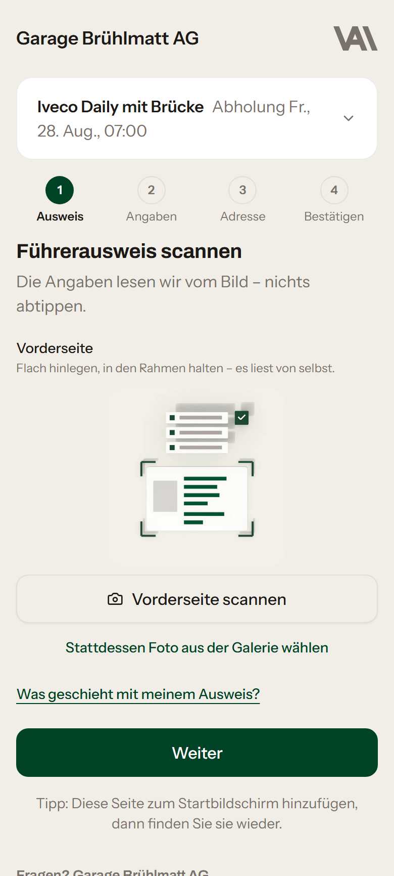 Die Mieter-Seite am Handy: Führerausweis scannen, Schritt 1 von 4